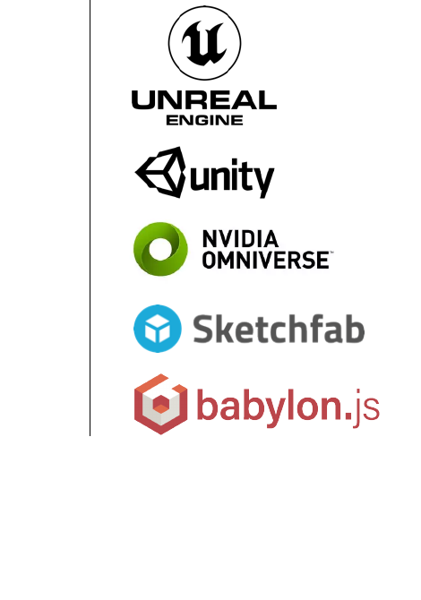 Unreal Engine, Unity, Nvidia Omniverse, Sketchfab and Babylon.js
